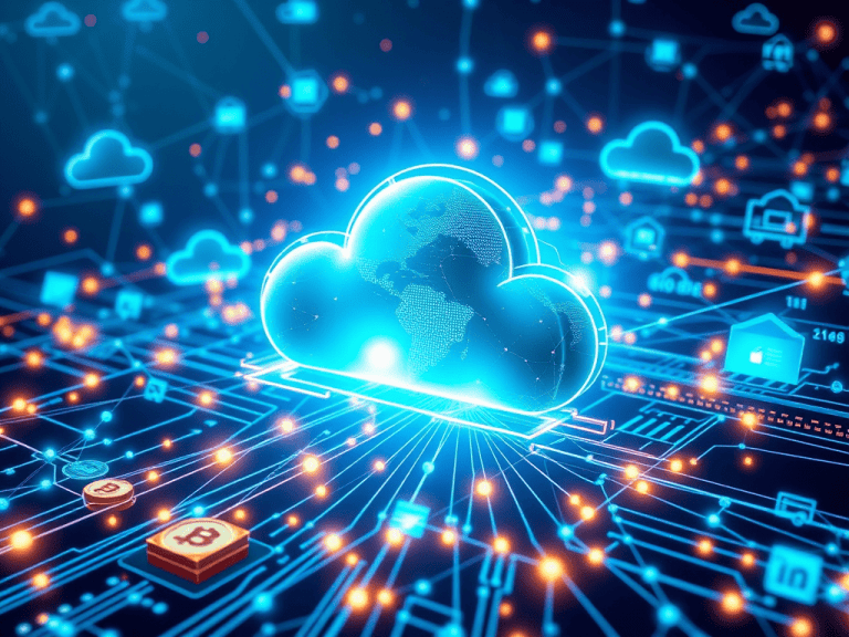 Blockchain cloud technology connecting digital assets and financial freedom concepts through a glowing cloud and interconnected digital icons.