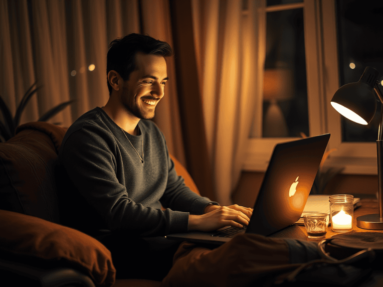 Young man working on a laptop at home in a cozy, warmly lit environment, promoting financial freedom and online income opportunities with Sakkemoto.