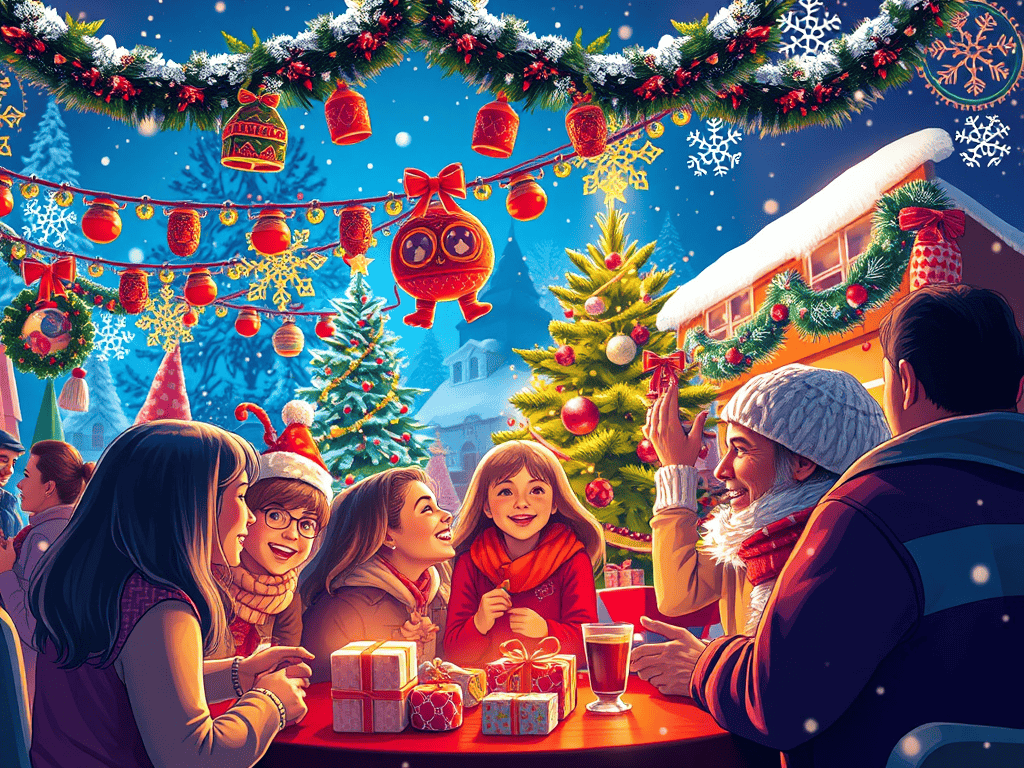 Festive Christmas outdoor market scene with families exchanging gifts, decorated Christmas trees, snow, colorful lights, and holiday ornaments for a joyful holiday season.
