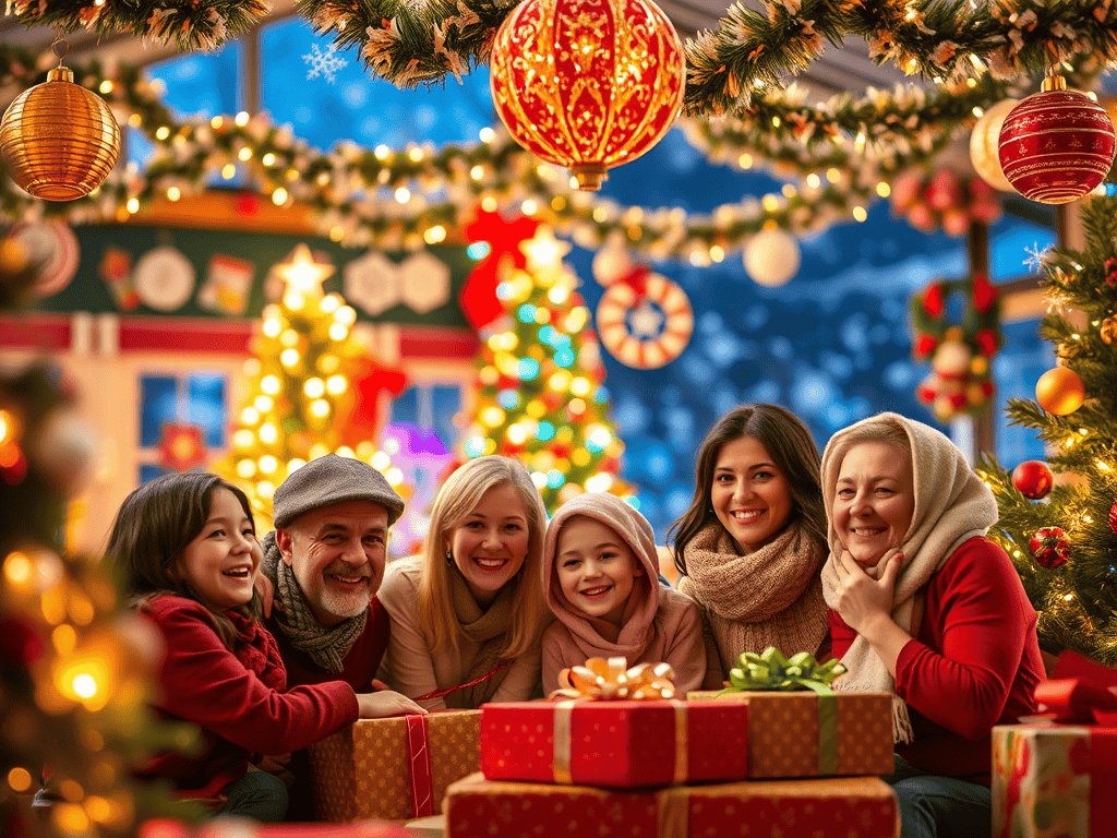 Celebrate joyful holiday moments with loved ones under festive Christmas decorations, creating unforgettable memories and embracing the warmth of togetherness during the holiday season.