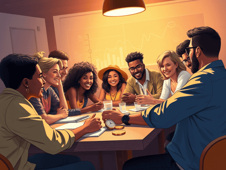 A vibrant group of diverse young professionals at a financial meeting discussing strategies for achieving financial freedom with Sakkemoto. They are engaging enthusiastically around a table with charts and drinks.