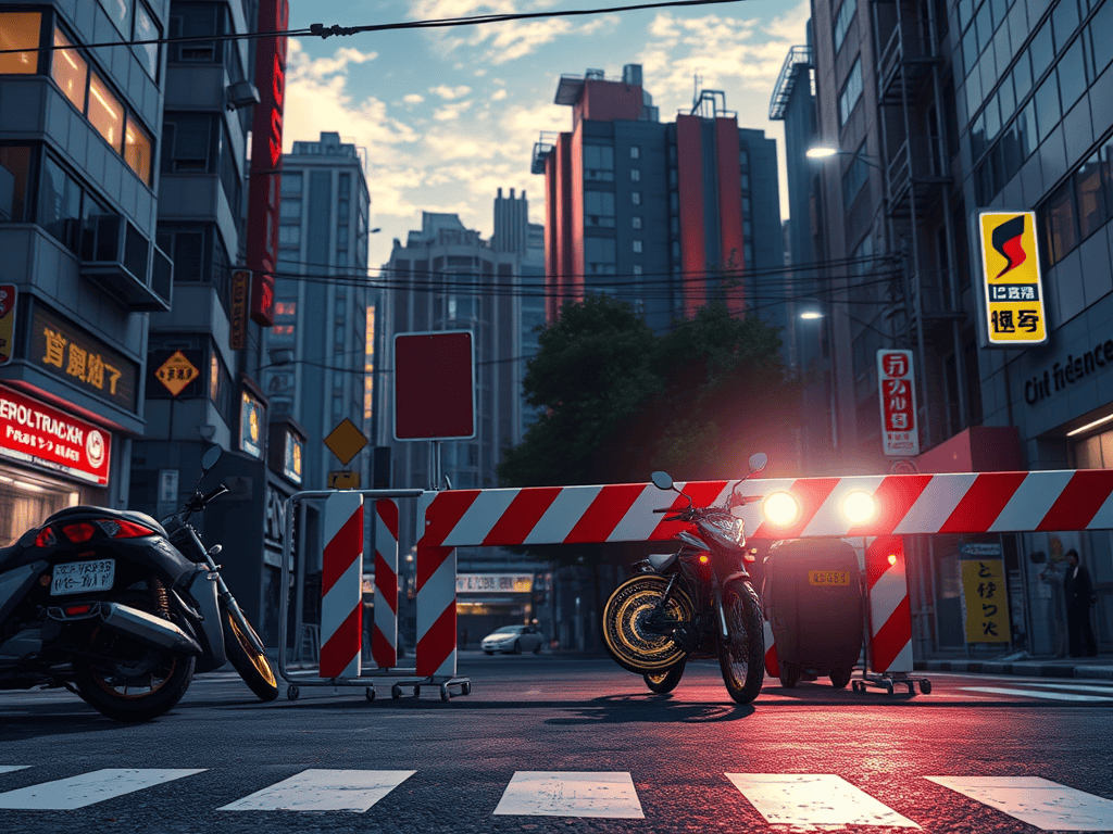 Quiet city street scene during dusk with parked motorcycles and construction barriers, emphasizing urban lifestyle and safety, capturing a moment of everyday life.