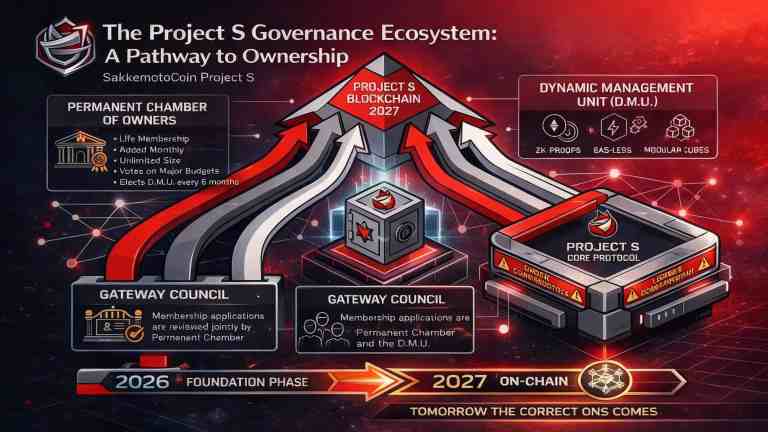 Pathway to financial freedom with SakkemotoCoin Project S blockchain ecosystem, featuring governance, D.M.U., and core protocols for secure, transparent ownership and investment.