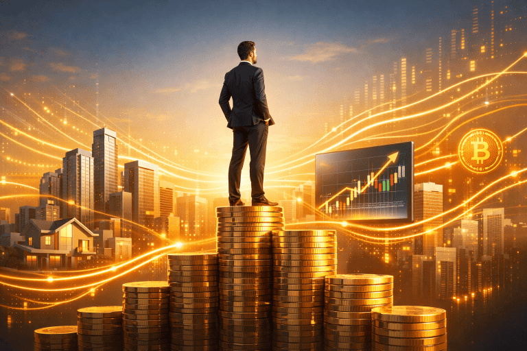Businessman standing on stacked coins with digital financial graphs and Bitcoin symbols, representing building passive income and financial freedom in 2026.