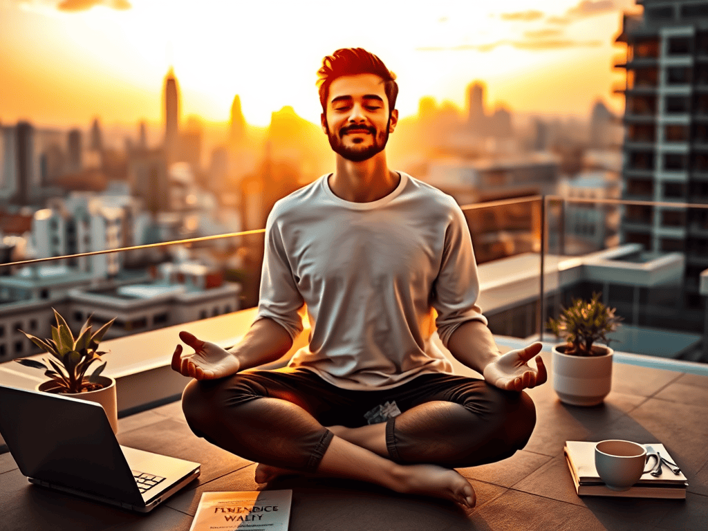 Young man practicing meditation on a rooftop at sunset, symbolizing financial freedom and sustainable habits for a balanced lifestyle.
