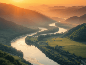 Serene river flowing through lush green valleys at sunset, symbolizing the journey to financial freedom with Sakkemoto's slow wealth strategy.