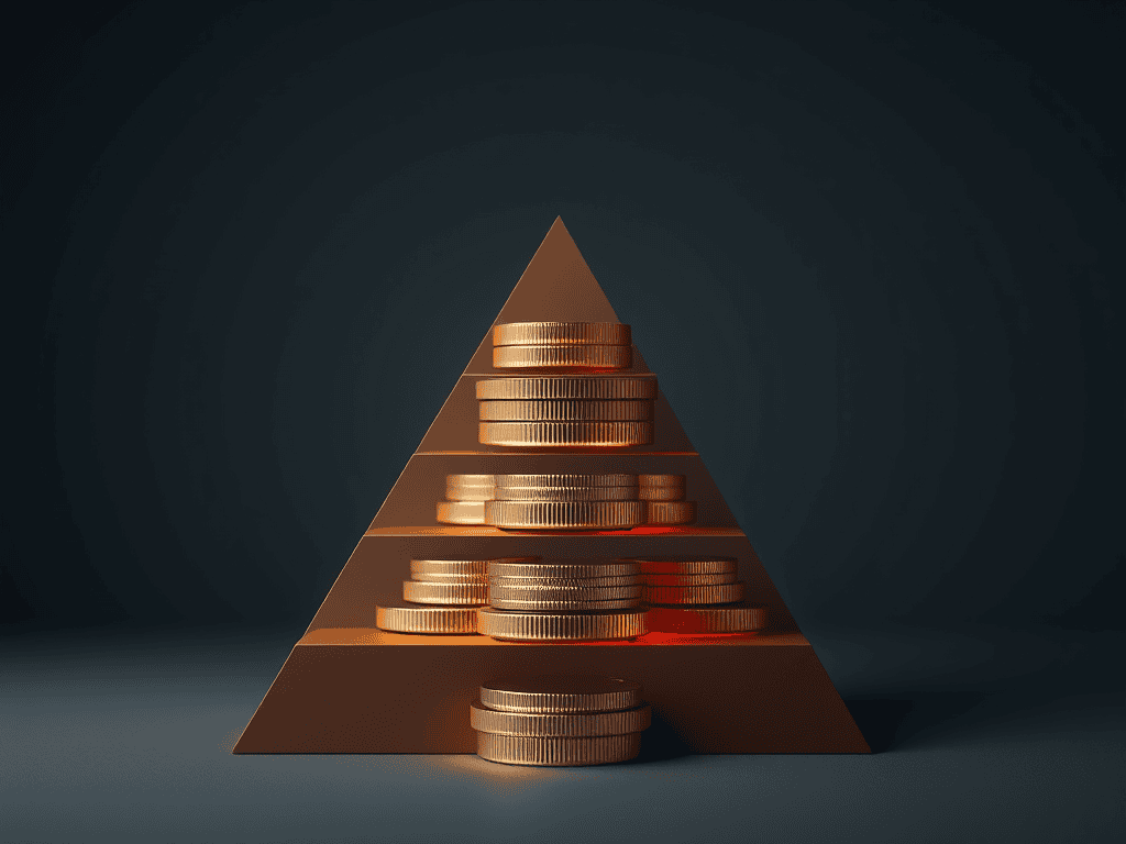 Visual representation of building wealth through passive income, featuring stacked coins on a pyramid, symbolizing financial growth and stability.