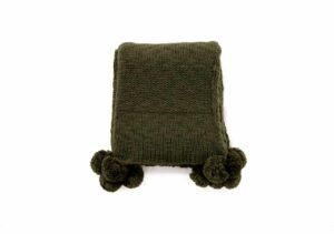 Mörkgrön stickad pläd med pompoms, mysig och trendig inredningsdetalj.