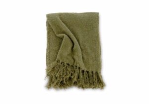 Mjukt ullhandduk i olivegrön med fransar, perfekt för gym, spa eller hemmaku.