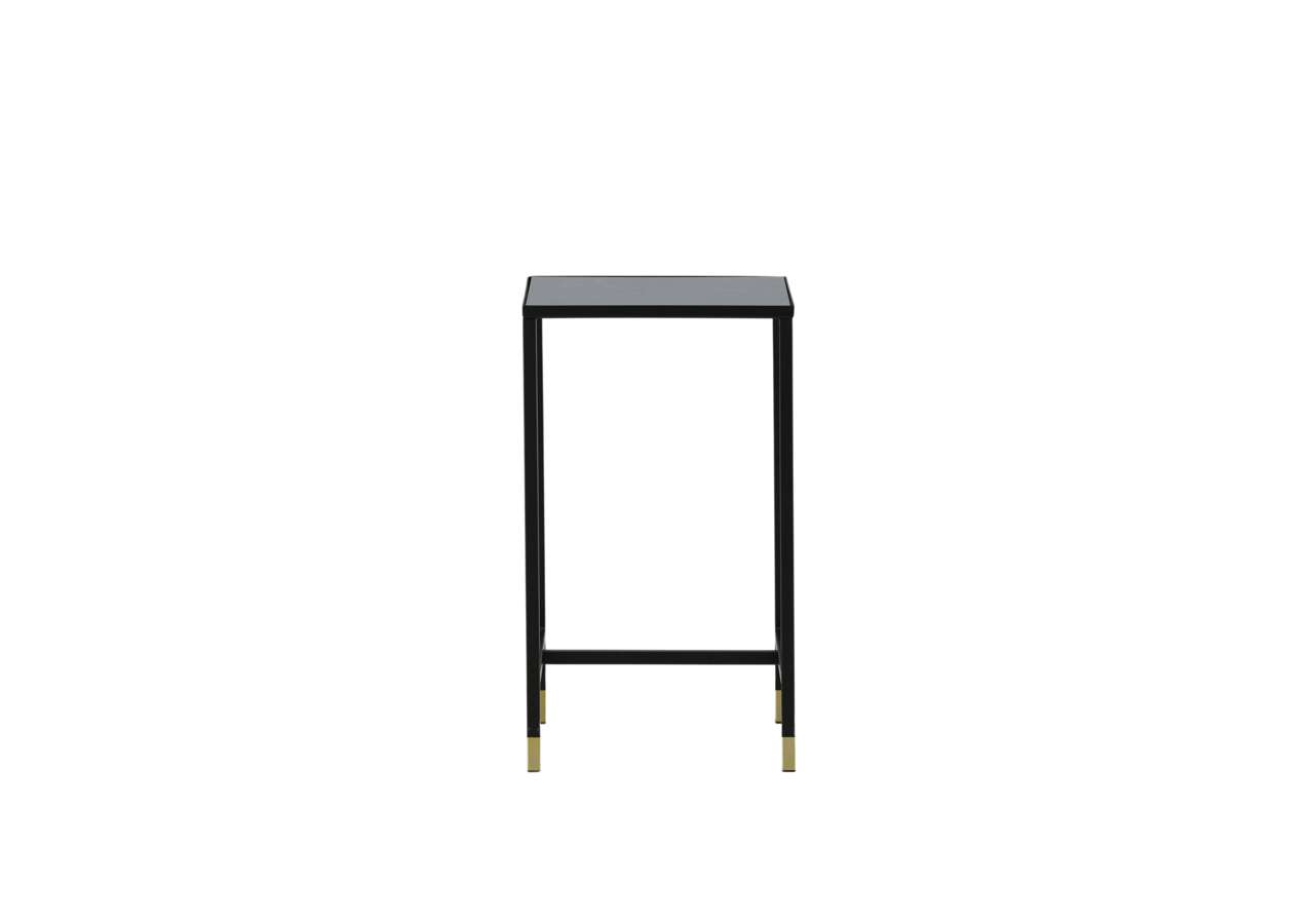 Elegans svart nattbord med gulddetaljer, perfekt för sovrum inredning.