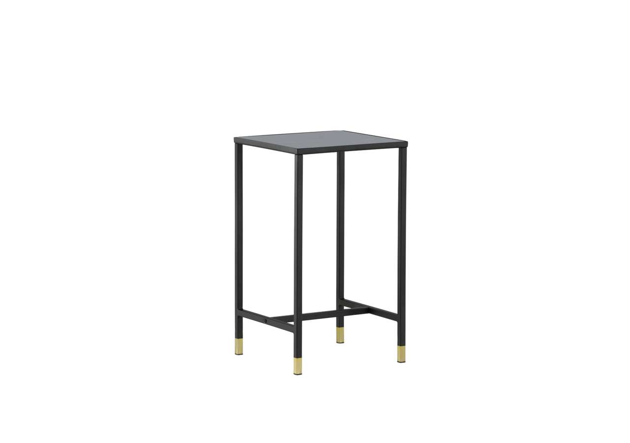 Sängfabriken, modernt sängbord i svart metall med gulddetaljer.