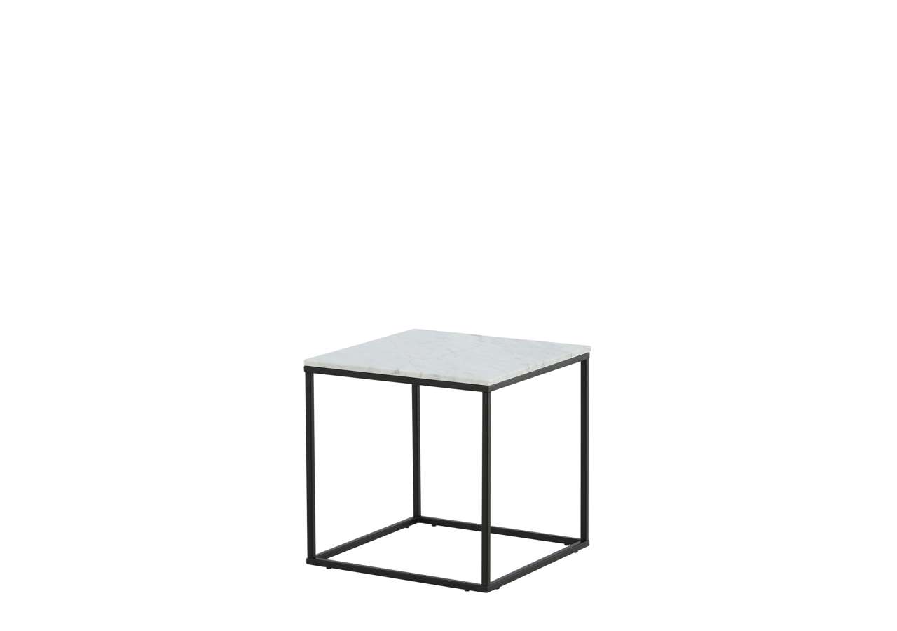 Elegant liten siderbord med marmorskiva och svart metallram, perfekt för sovrum eller vardagsrum.