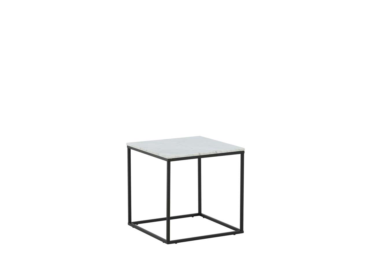 Elegantet sidobord i marmor och svart metallram, perfekt för sovrum och vardagsrum.