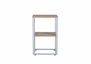 Konsolbord i pocketholz och vitlackad metallram, perfekt för förvaring och stil.