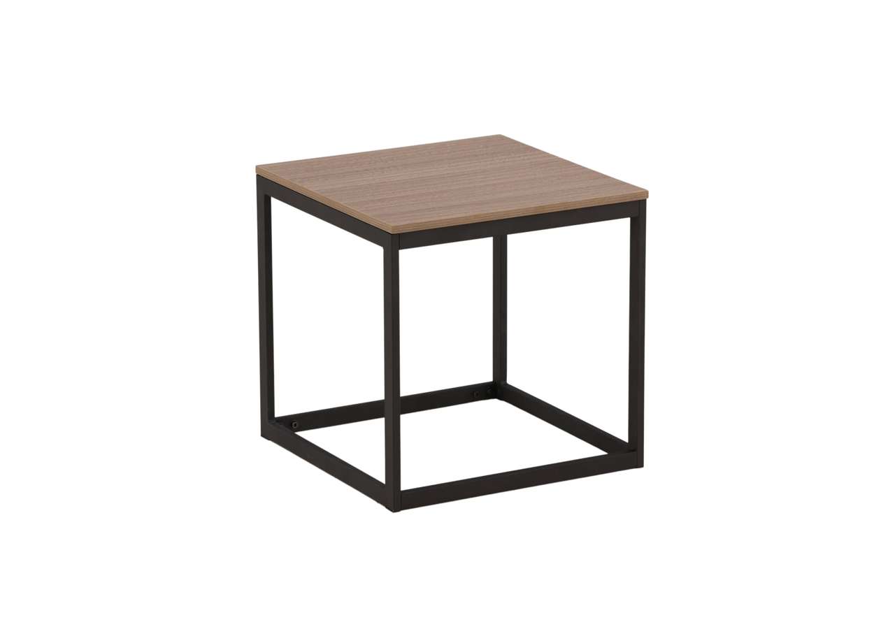 Sängfabriken möbel, modern sidobord i svart metall och trä, elegant design för sovrum och vardagsrum.