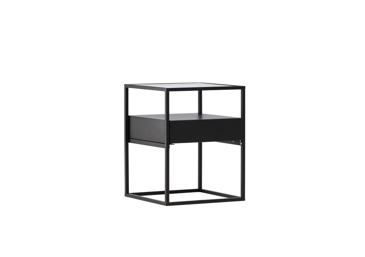 Sängfabriken svenskt sängbord i svart metalldesign med förvaring.