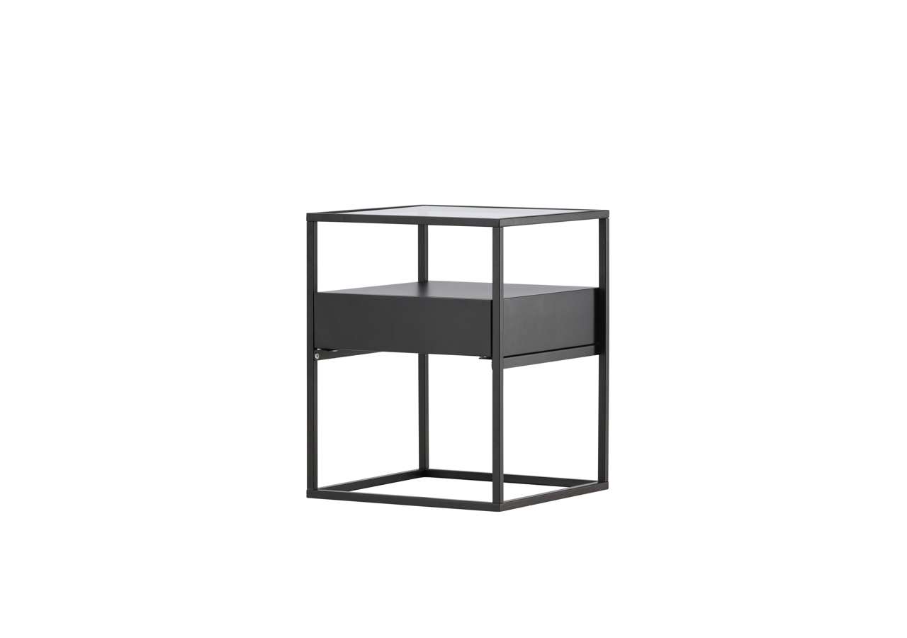 Elegant svart sängbord i modern design för sovrum.