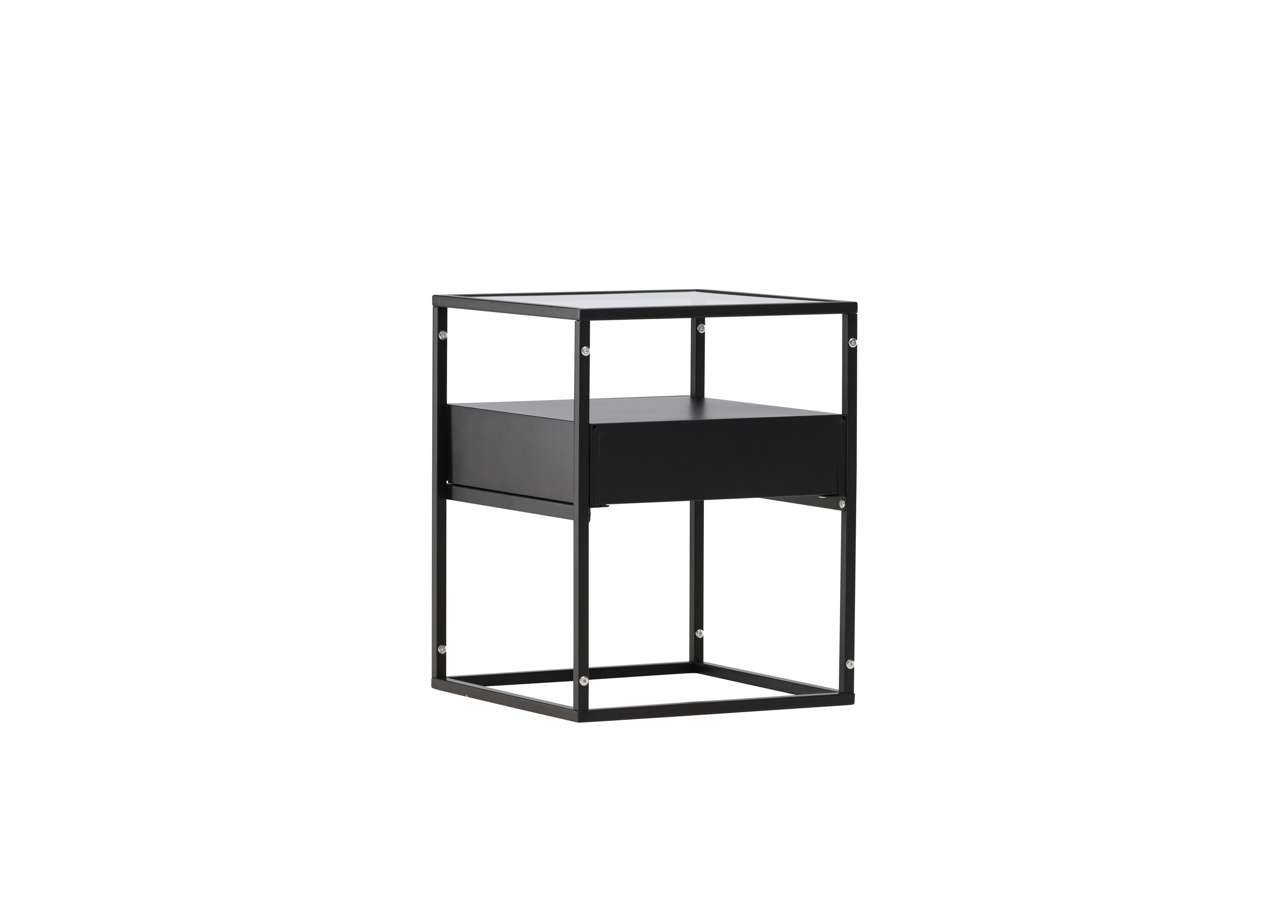 Modern svart sängbord med öppet hyllplan och förvaring, perfekt för sovrum.