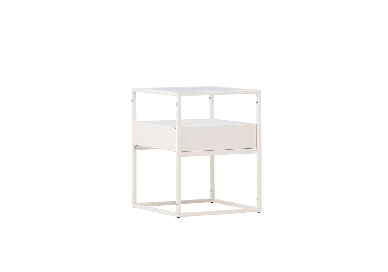 Liten vit bedside table med öppen design, perfekt för sovrum och förvaring.