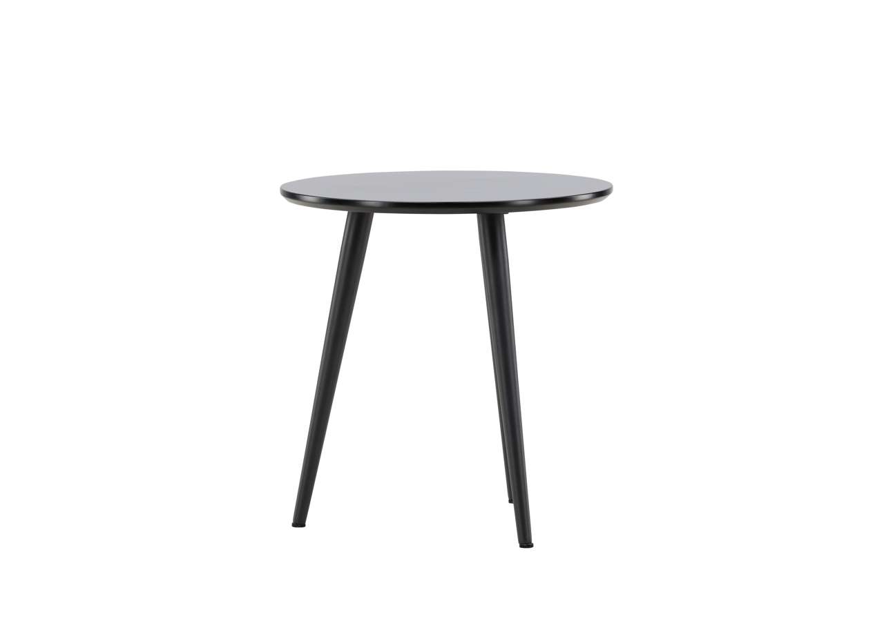 Skrivbord i svart trä med minimalistisk design och tre ben.