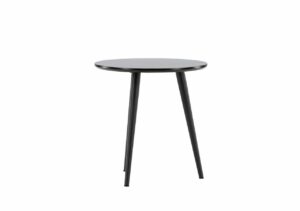 Modern svart soffbord i trä med rund yta och tre ben – perfekt för vardagsrummet.
