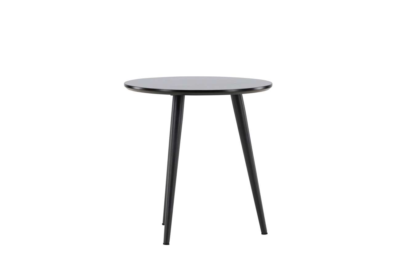 Modern svart soffbord i trä med rund yta och tre ben – perfekt för vardagsrummet.