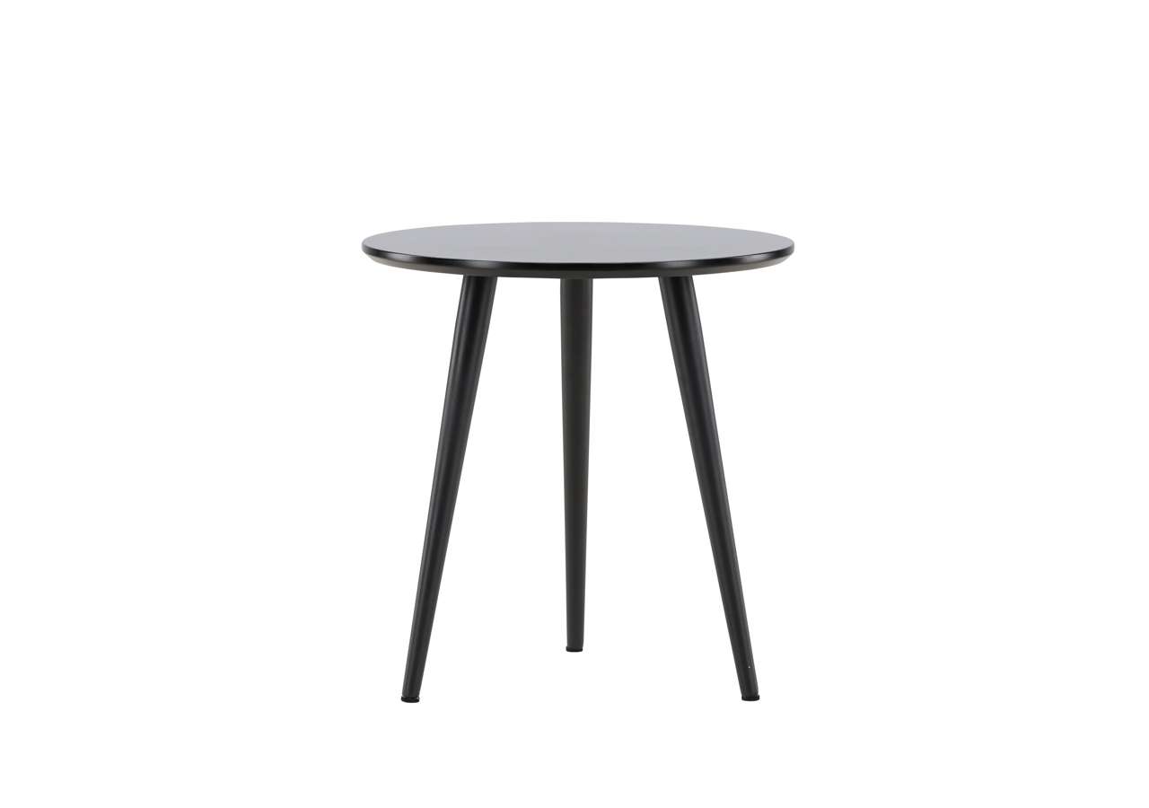 Minimalist svart sidobord i trä med tre ben, perfekt för moderna hem.