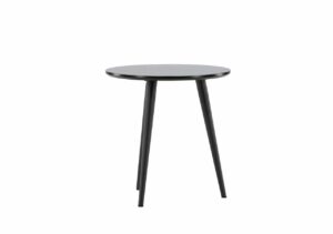 Modern svart runt soffbord i trä, stilrent och funktionellt.