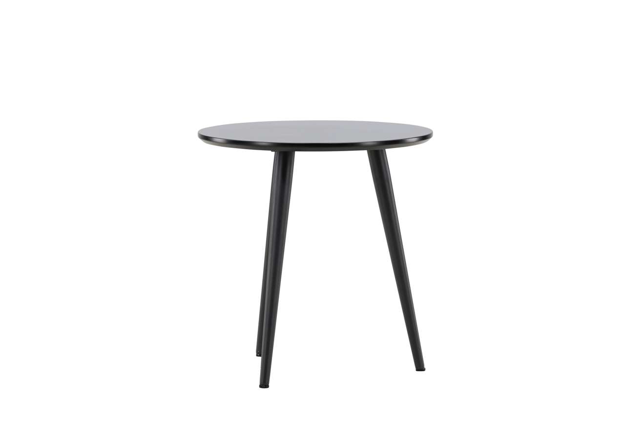Modern svart runt soffbord i trä, stilrent och funktionellt.