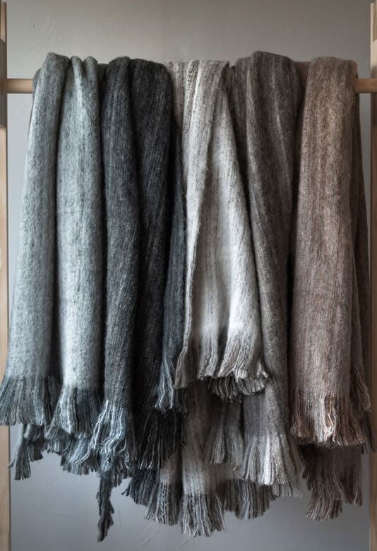 Mössa i ull i grå och beige nyanser, mjuk och varm för vinterbruk.