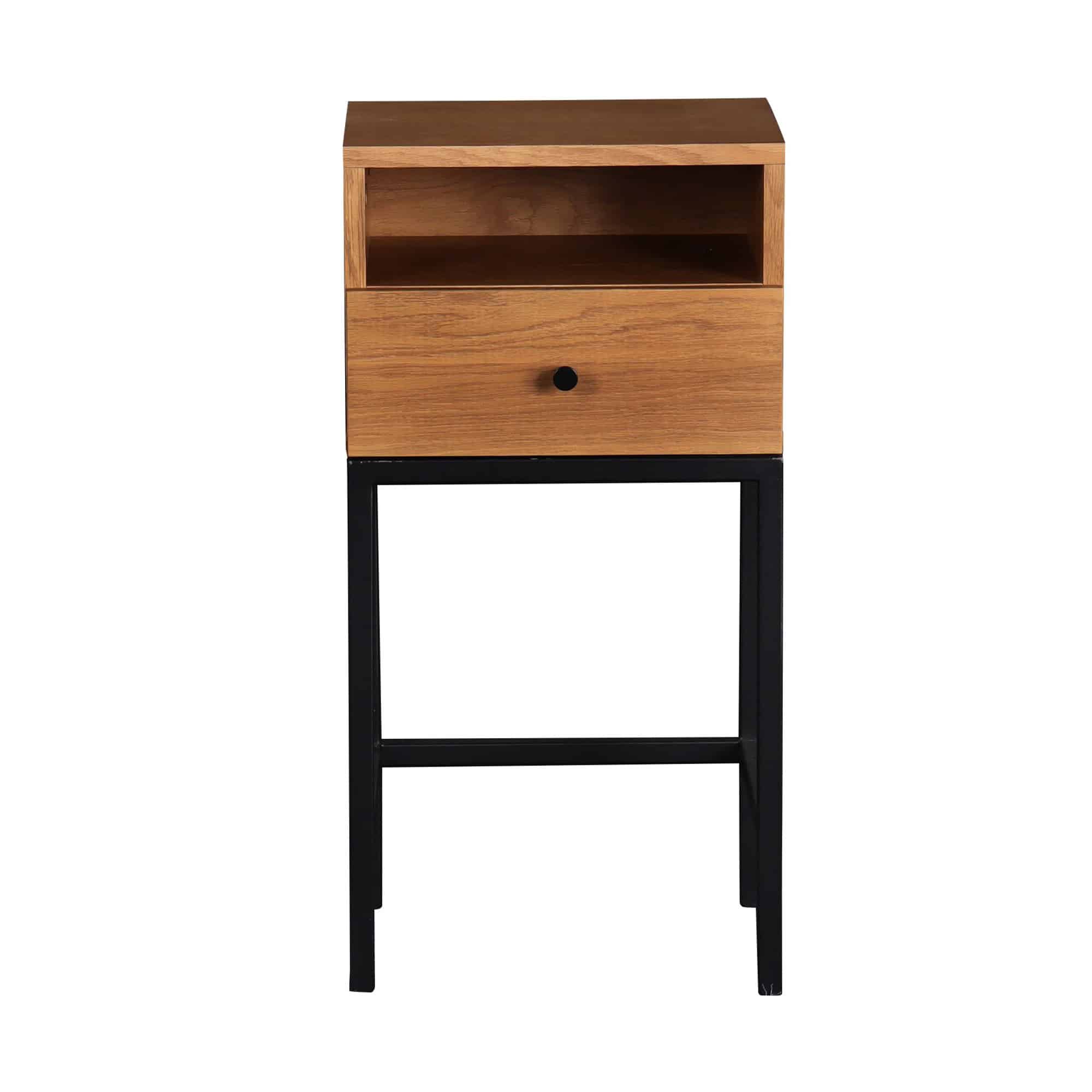 Sängfabriken nattbord i modern design med trä och svart stålkonstruktion.