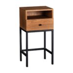 1. Naturlig trä sängbord på metallben, modern design för sovrum.