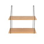 Elegant trähylla med svart metallram, perfekt för förvaring och inredning.