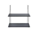 Modern sängbänk i svart metall och trä, perfekt för sovrum eller hall.