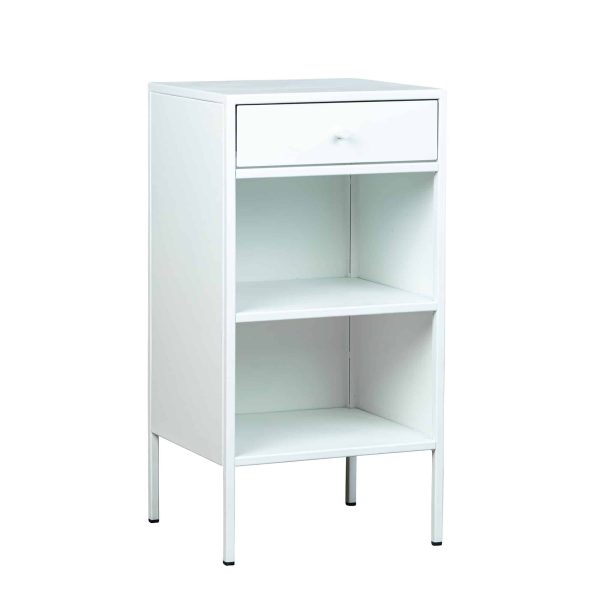 Sängfabriken sängbord i vitt med låda och öppet förvaring.