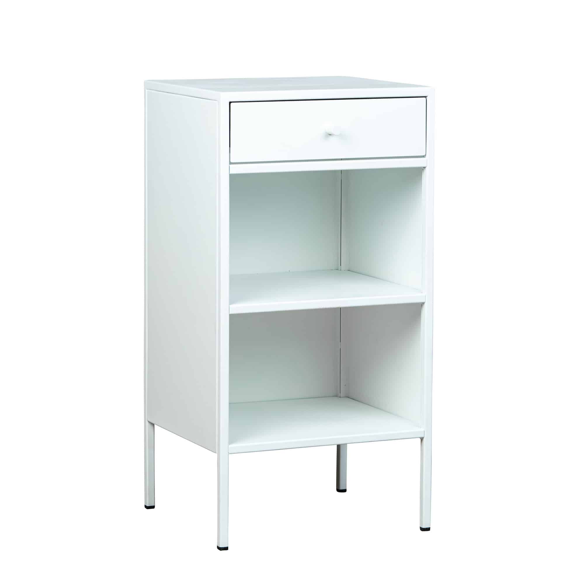 Sängfabriken sängbord i vitt med låda och öppet förvaring.