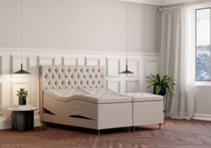 Ljust lyxigt sängset i modern design med bekväm stoppning och eleganta detaljer.