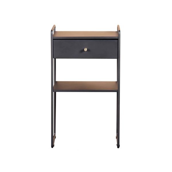 Sängfabriken sängbord med modern design i svart och träfinish.