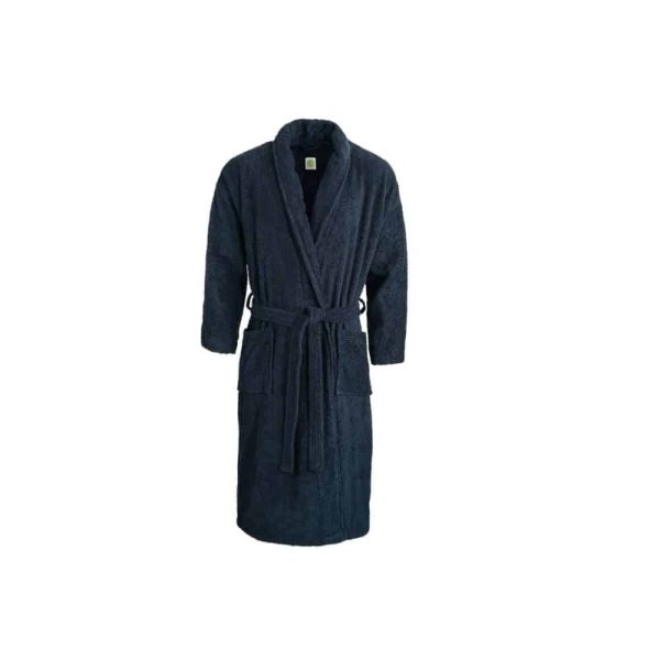 Mörkblå badrock i frotté för relax och komfort, perfekt efter bad eller spa-behandling.