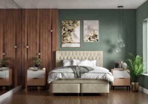 Skandinavisk sovrum med säng, naturmaterial och moderna detaljer, perfekt för avkoppling.