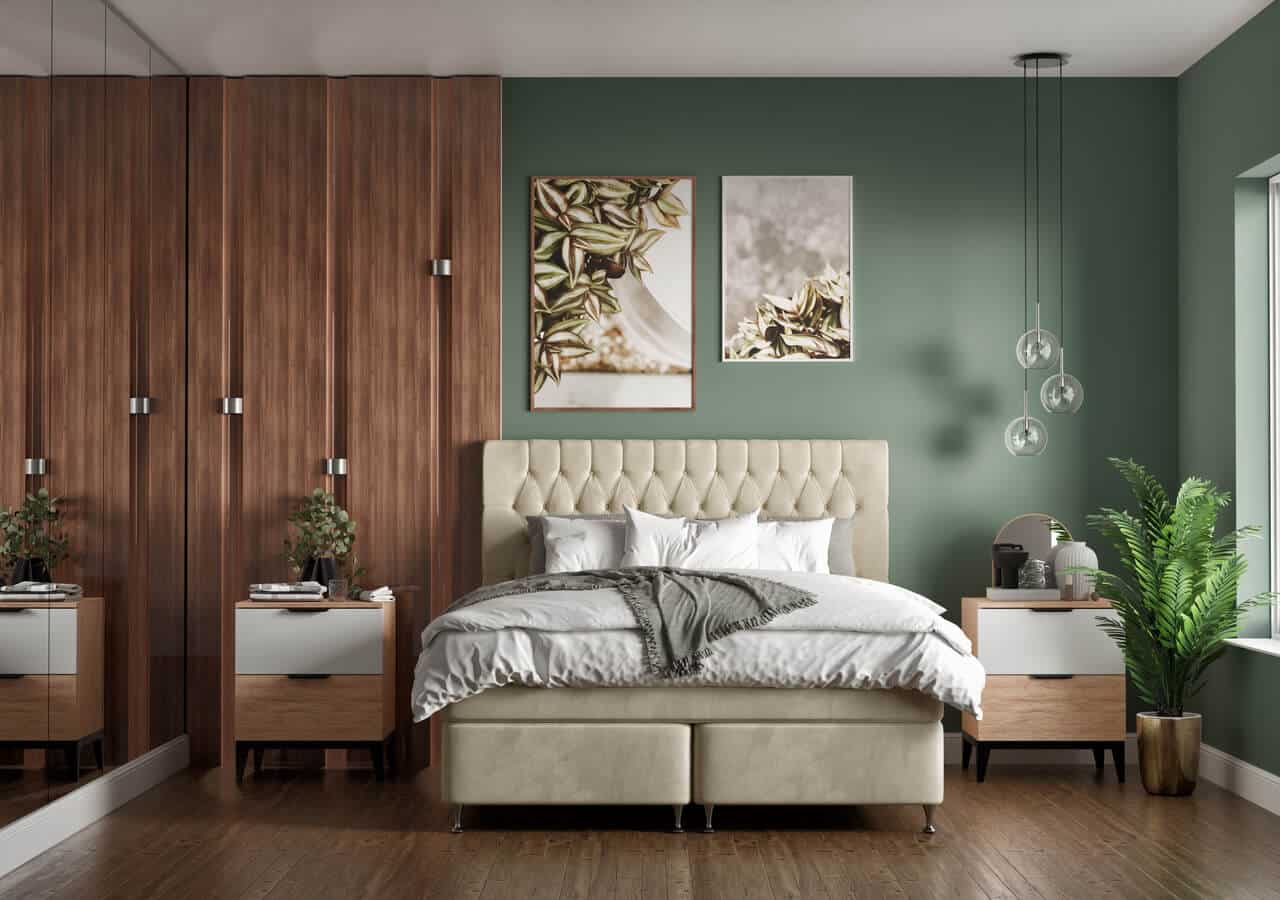 Skandinavisk sovrum med säng, naturmaterial och moderna detaljer, perfekt för avkoppling.