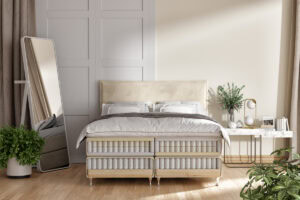 Hälsosamt sängval med madrass i exklusiv design och lyxiga sängen i naturfärger.