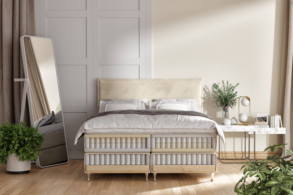 Hälsosamt sängval med madrass i exklusiv design och lyxiga sängen i naturfärger.