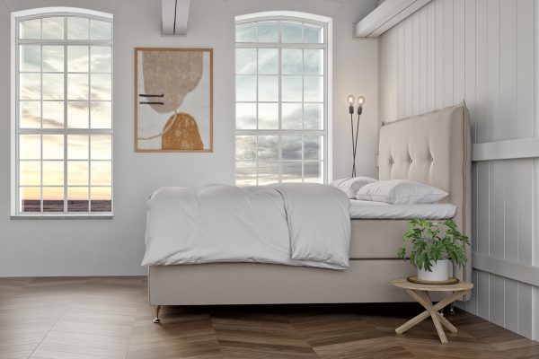 Sängfabriken säng med bekvämt huvudgavel, naturnära sovrum, modern inredning.