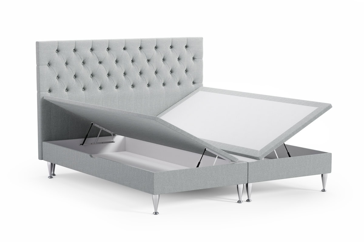 Högkvalitativ säng med smart förvaring och elegant design.