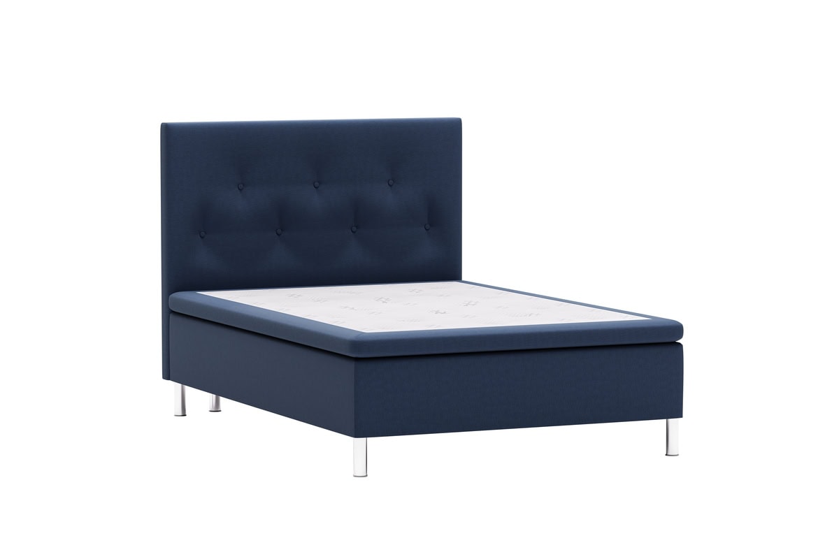 Sängfabriken kvalitetsbäddram med blått tyg och modern design.