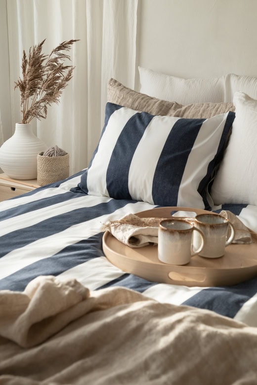 1. Sängtäcke i marinblå och vit rand design för elegant sovrumsstil.