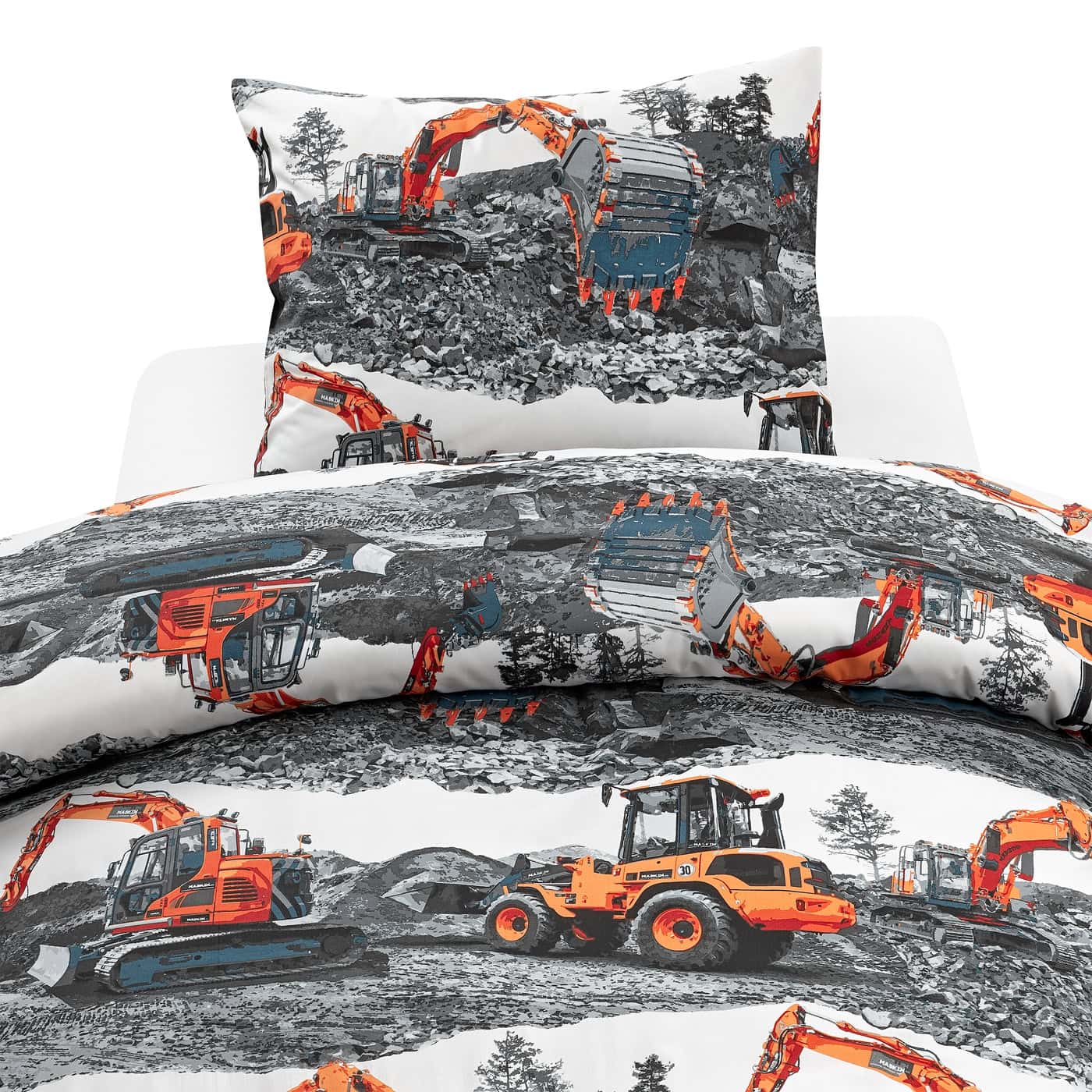 Ställbart bäddset med grävskopor och maskiner i orange från Sängfabriken.