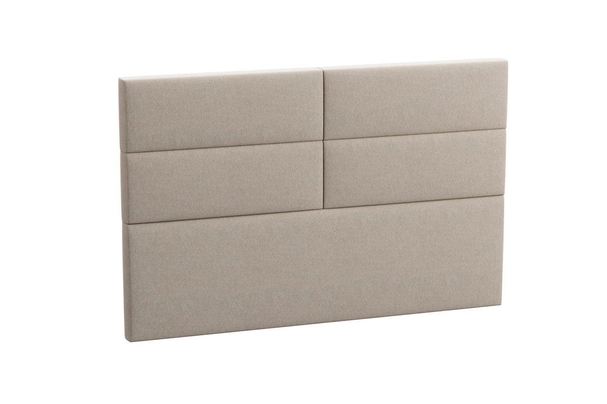 Mjukt huvudgavel i beige tyg, idealisk för moderna sovrum.