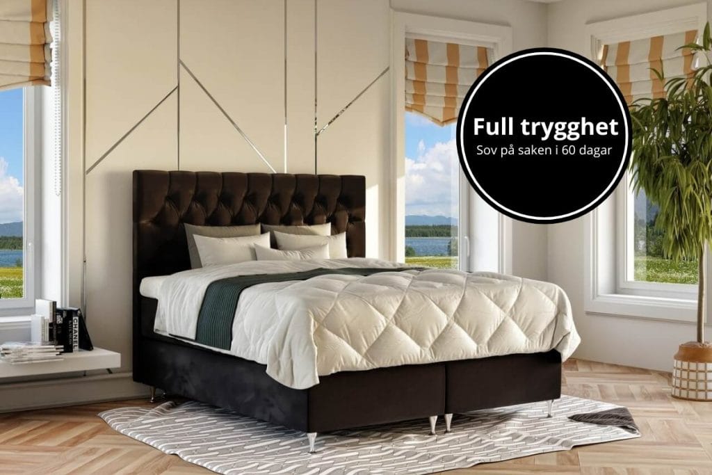 Mörkbrunt sänggavel med bäddad säng och utsikt mot sjö i vardagsrum.